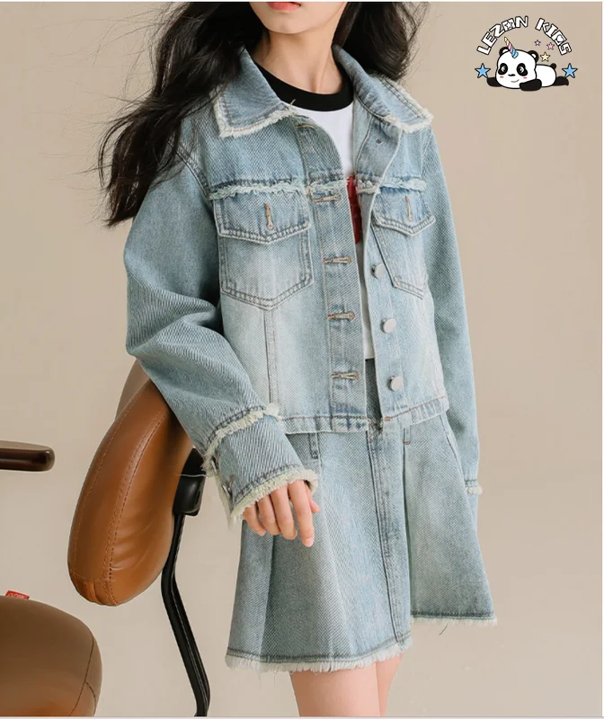 LEZONKIDS - Conjunto de duas peças de jaqueta jeans com gola virada e saia de jeans casual para meninas